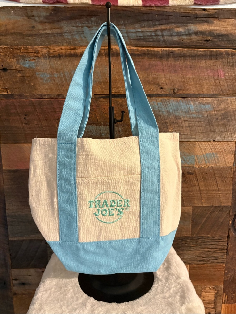 Trader Joe's Cream and Light Blue Canvas Tote Bag